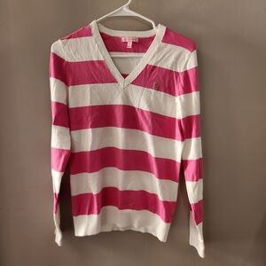 Lilly Pulitzer PREPPY Striped V-Neck Sweater Pink White Academia Y2K Lightweight